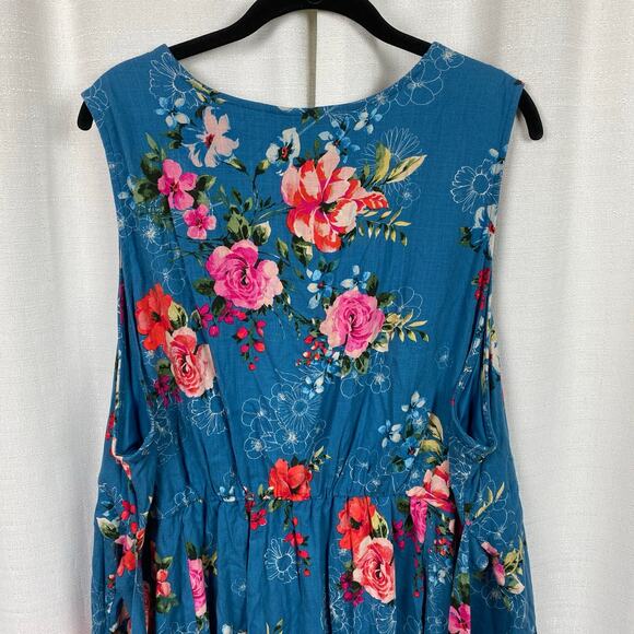 Torrid Blue Floral Rayon Slub Button Up With Waist Detail Tank Blouse Sz.3 - Picture 12 of 16